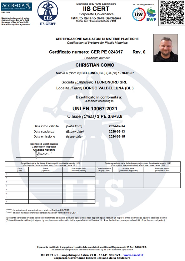 CERTIFICATO DI QUALIFICA SALDATORE UNI EN 13067:2021 3PE 3.6-3.8
