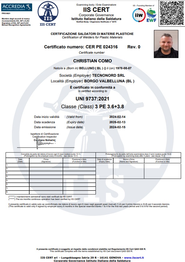 CERTIFICATO DI QUALIFICA SALDATORE UNI 9737:2021 3PE 3.6-3.8