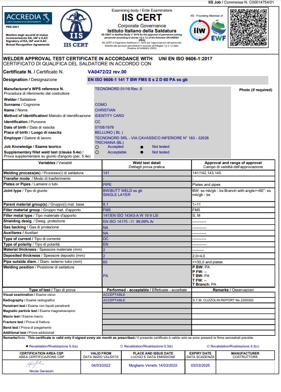 CERTIFICATO DI QUALIFICA SALDATORE EN ISO 9606-1 141 T BW FM5 S s 2 D 60 PA ss gb